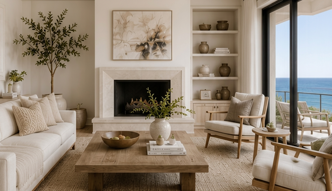 Sunlit coastal living room with fireplace, built-in shelving and ocean view