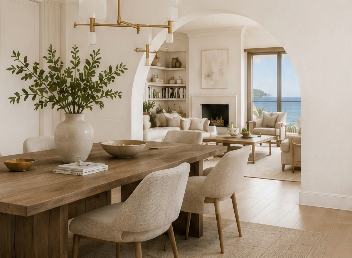 Dining room framed by a plaster arch opening onto an ocean view living room