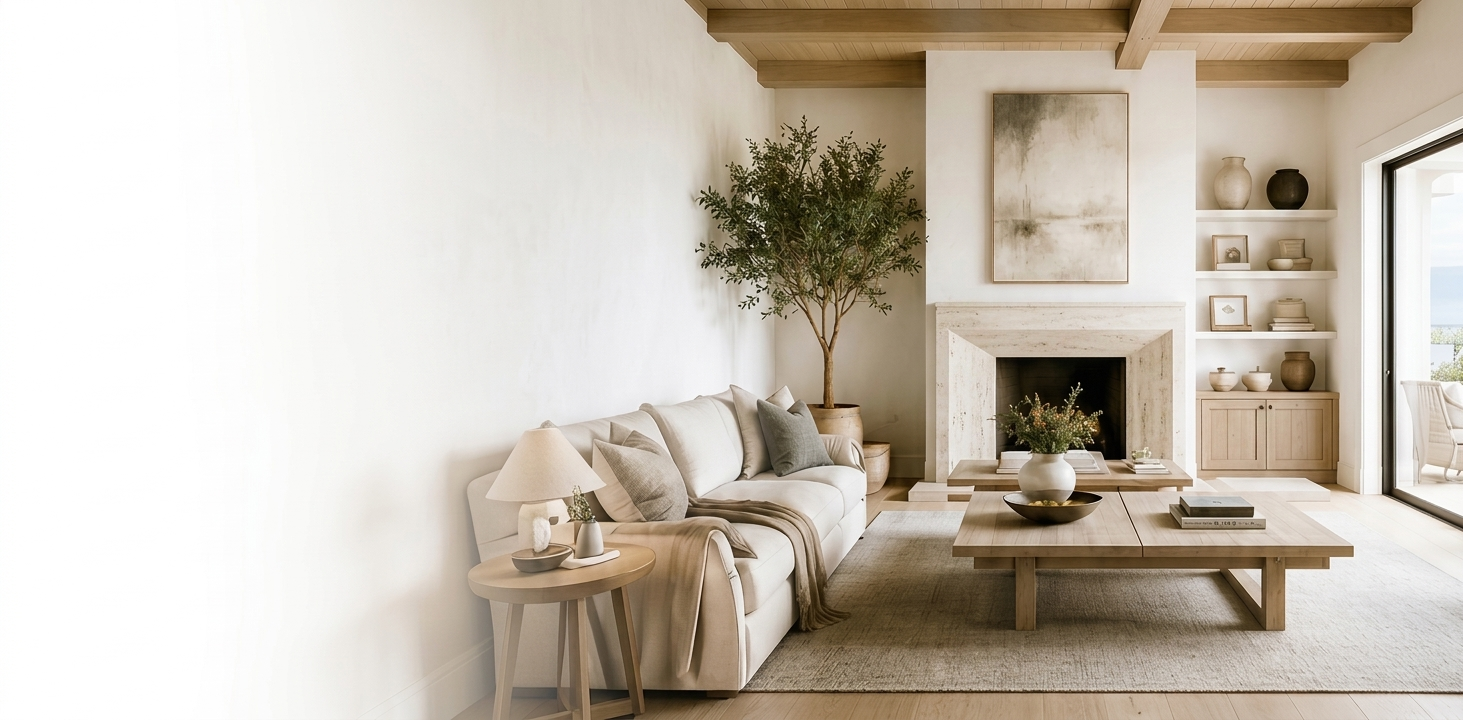 Sunlit coastal living room with beamed ceiling, olive tree and limestone fireplace