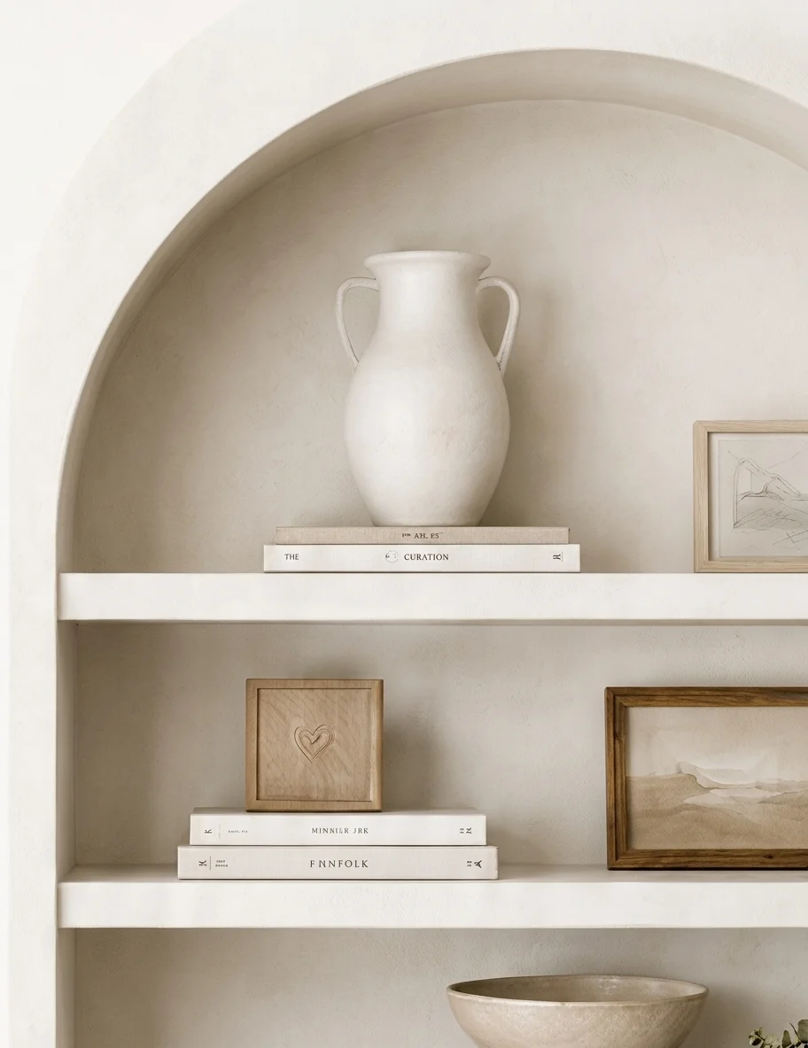 Arched plaster niche styled with a ceramic vessel and framed art