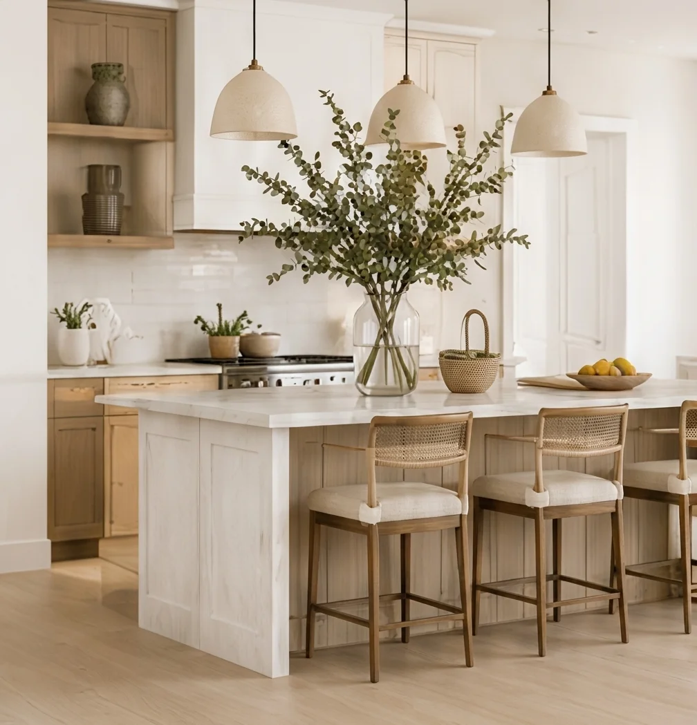 White oak kitchen with island seating and pendant lights